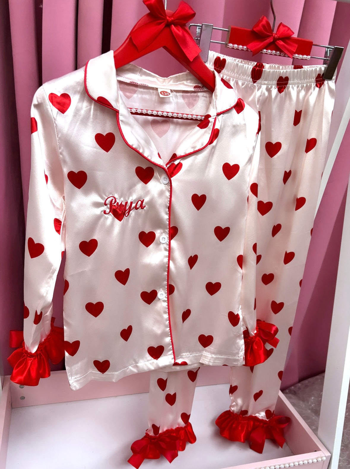 SATIN HEART BUTTON UP PERSONALISED PYJAMAS - DISPATCH BY 9/2/24