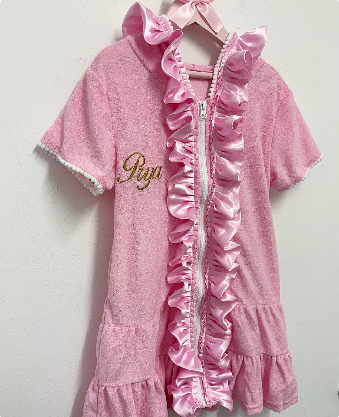 4–5 YEARS PINK SATIN FRILL GIRLS BEACH HOLIDAY COVER UP (READY TO PERSONALISE IMMEDIATE DISPATCH)