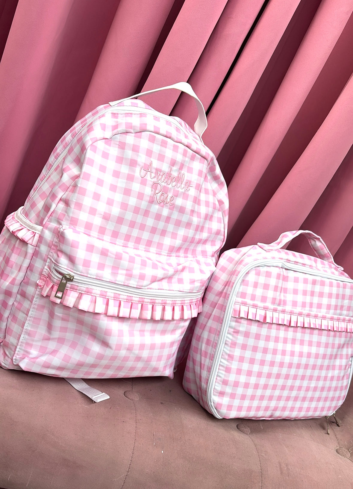 PINK GINGHAM FRILL PERSONALISED LUNCH BAG 10-20 WORKING DAYS