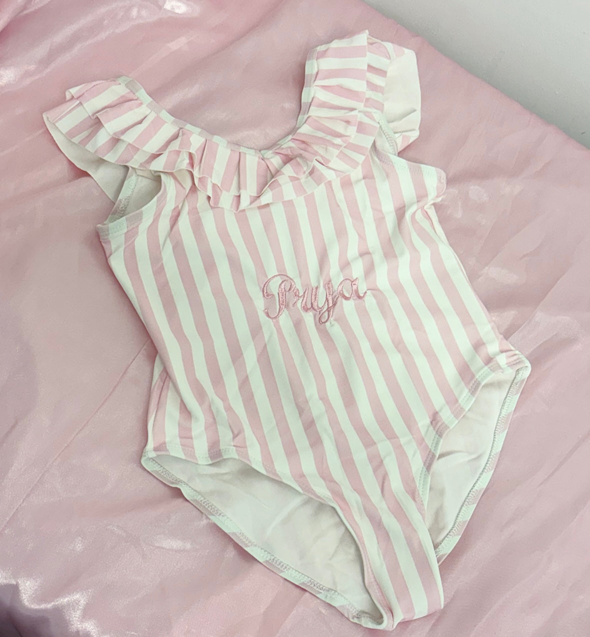 GIRLS PERSONALISED PINK STRIPED SWIMMING COSTUME 2 4 WEEKS MYDOLLHOUSE