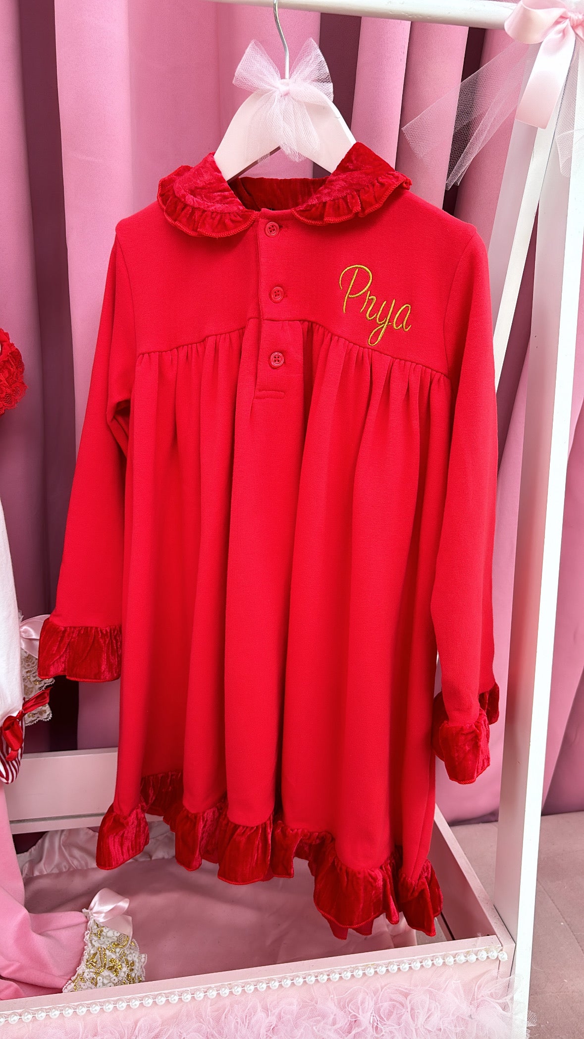 RED COTTON & VELVET TRIM PERSONALISED CHRISTMAS NIGHT DRESS (READY TO PERSONALISE IMMEDIATE DISPATCH)