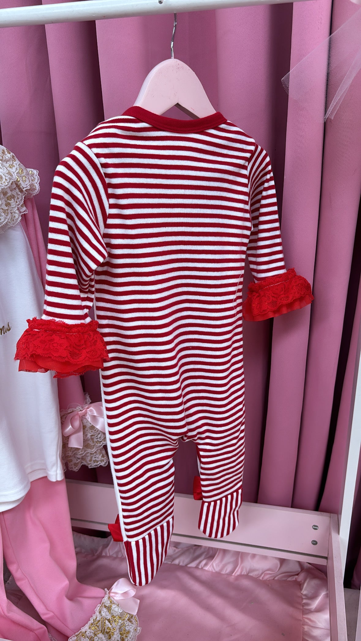 PERSONALISED RED STRIPED CHRISTMAS BABY GROW 2-4 WEEKS