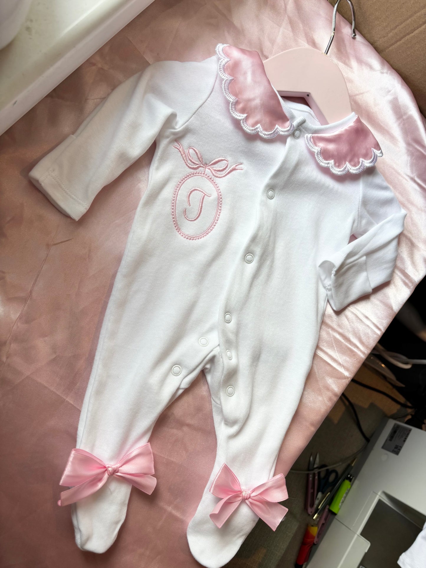 SATIN COLLARED INITIAL EMBROIDERED BABY GROW (10-20 WORKING DAYS)