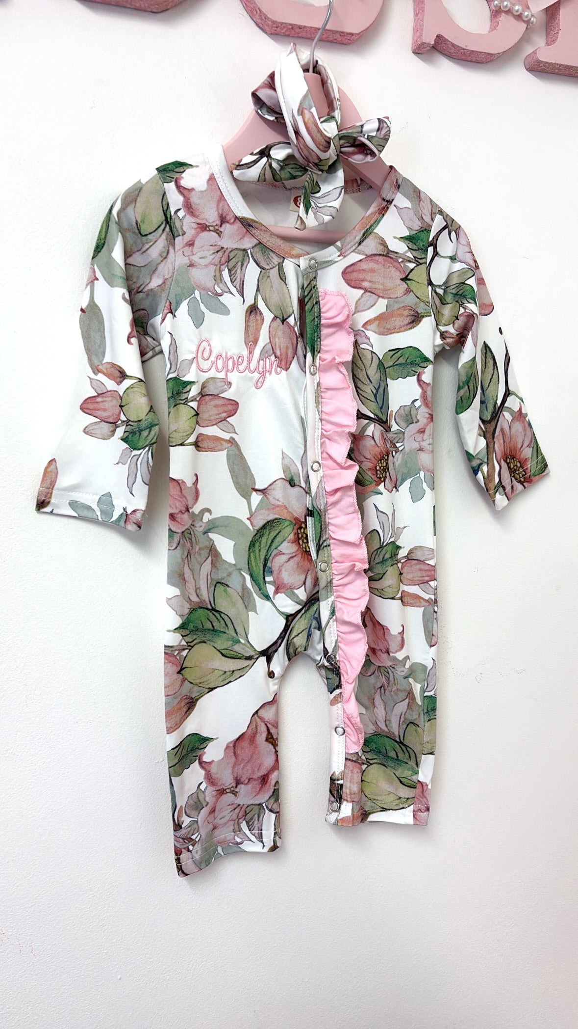 FLORAL FOOTLESS FRILL BABY GROW & HEADBAND 10 WORKING DAYS