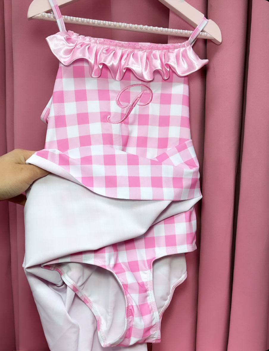 PINK GINGHAM SWIM DRESS 2-4 WEEKS