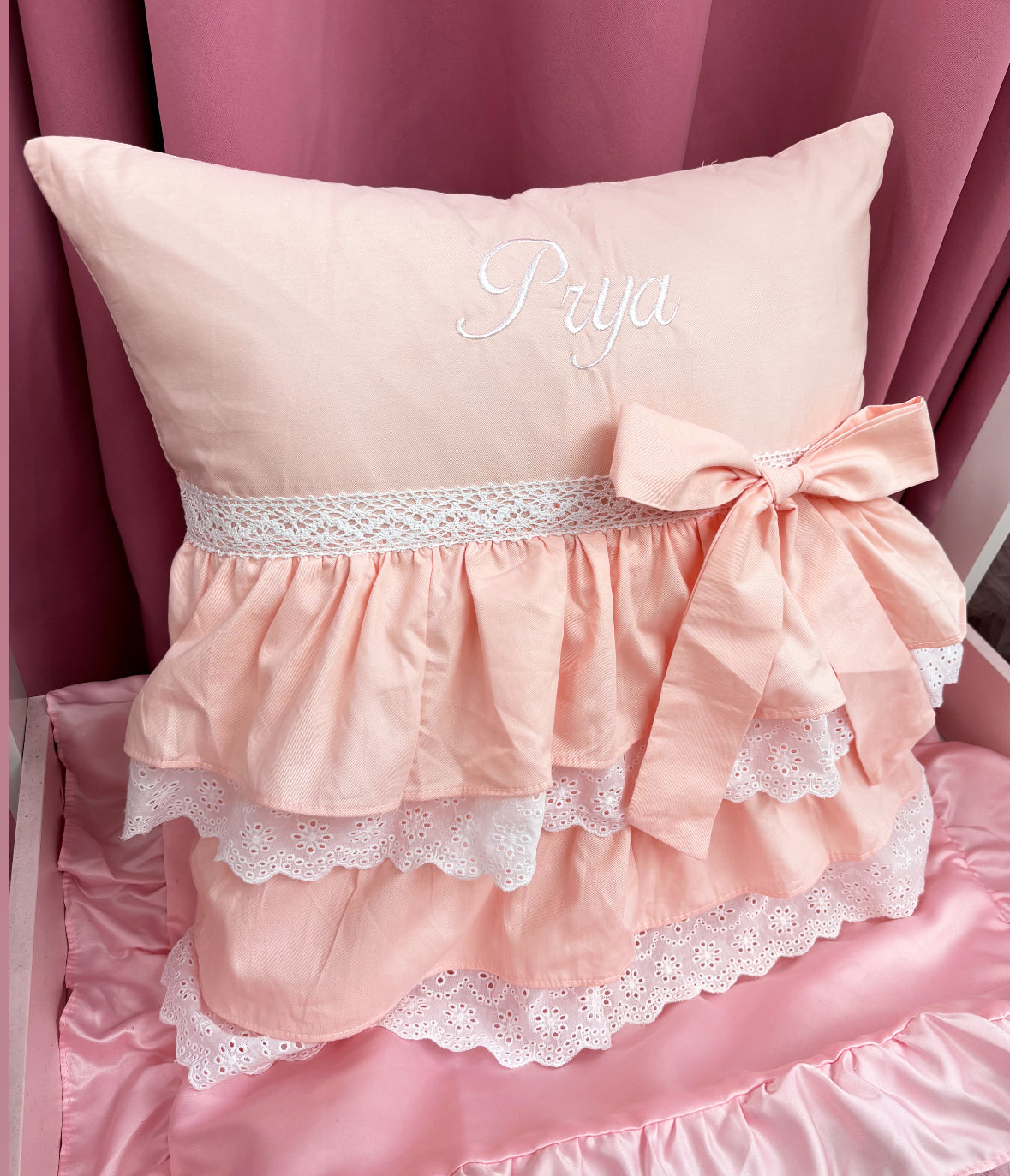 LIGHT PEACH PERSONALISED FRILLY COTTON CUSHION 2-4 WEEKS