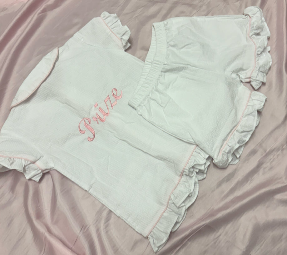 KIDS EASTER WHITE SEERSUCKER PERSONALISED SHORT PYJAMAS 2-4 WEEKS