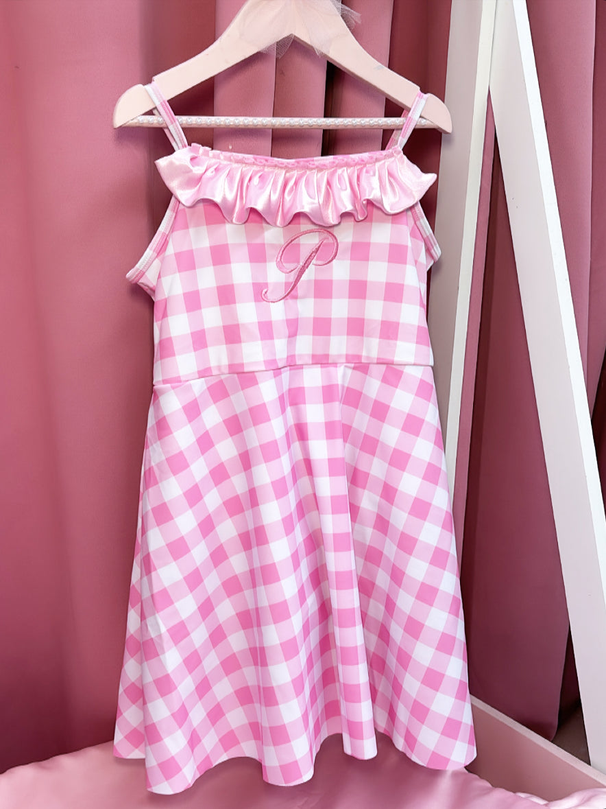 PINK GINGHAM SWIM DRESS 2-4 WEEKS