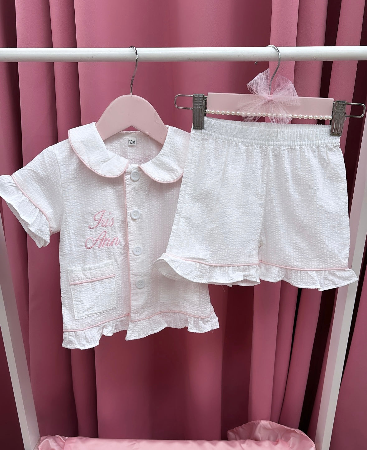 KIDS EASTER WHITE SEERSUCKER PERSONALISED SHORT PYJAMAS 2-4 WEEKS