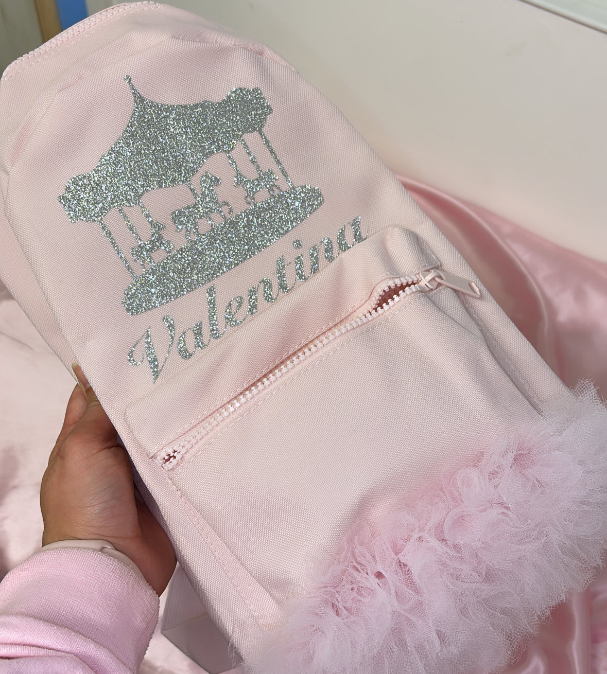 KIDS PINK CAROUSEL PERSONALISED TUTU BACKPACK BAG 2-4 WEEKS