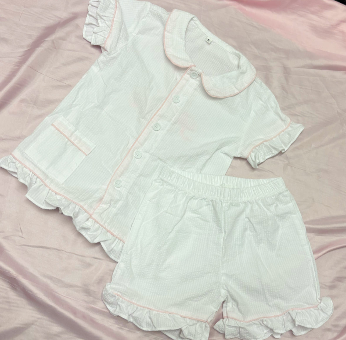 KIDS EASTER WHITE SEERSUCKER PERSONALISED SHORT PYJAMAS 2-4 WEEKS