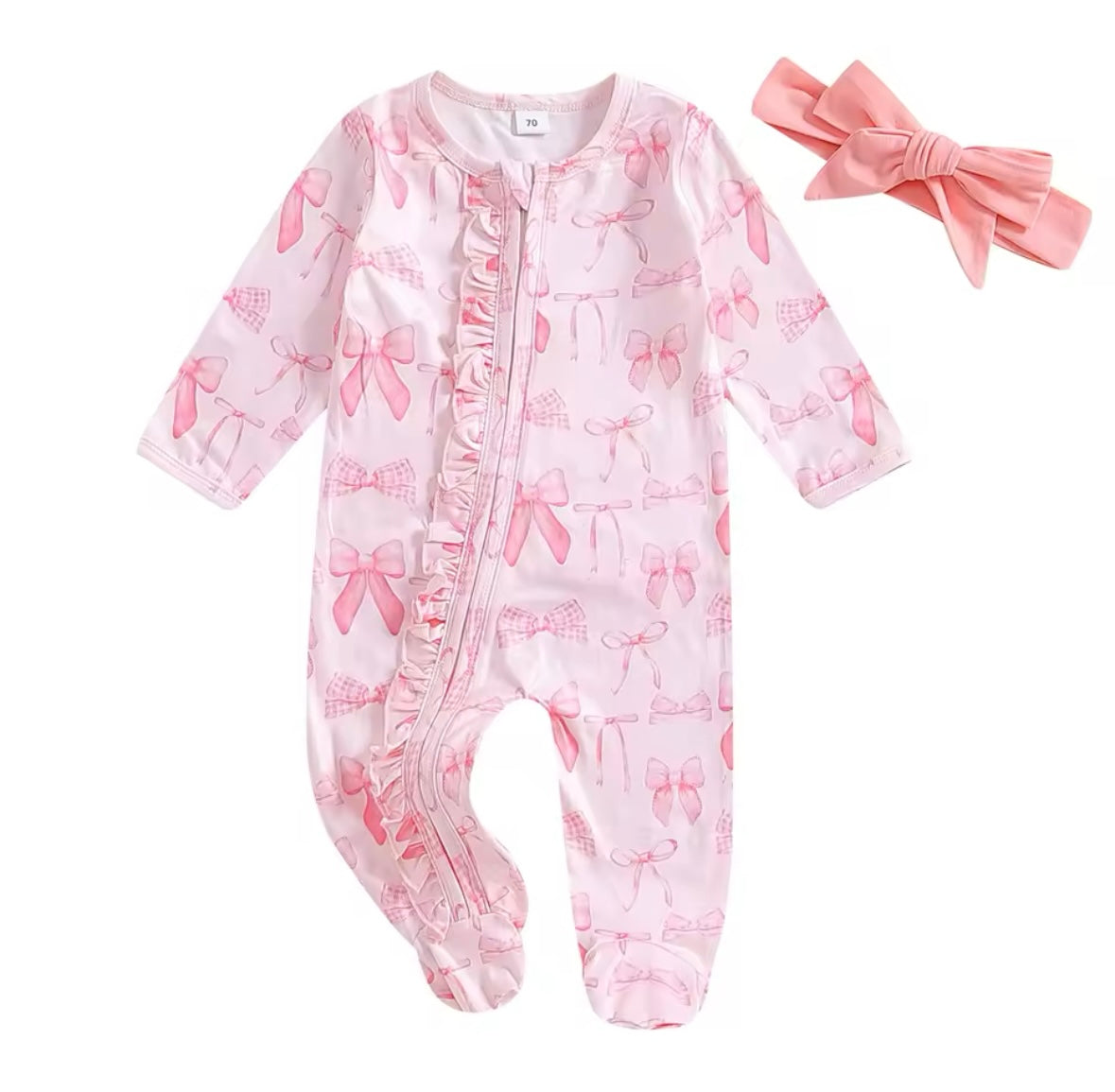 PINK PERSONALISED BOW BABY GROW & HEAD BAND 2-4 WEEKS