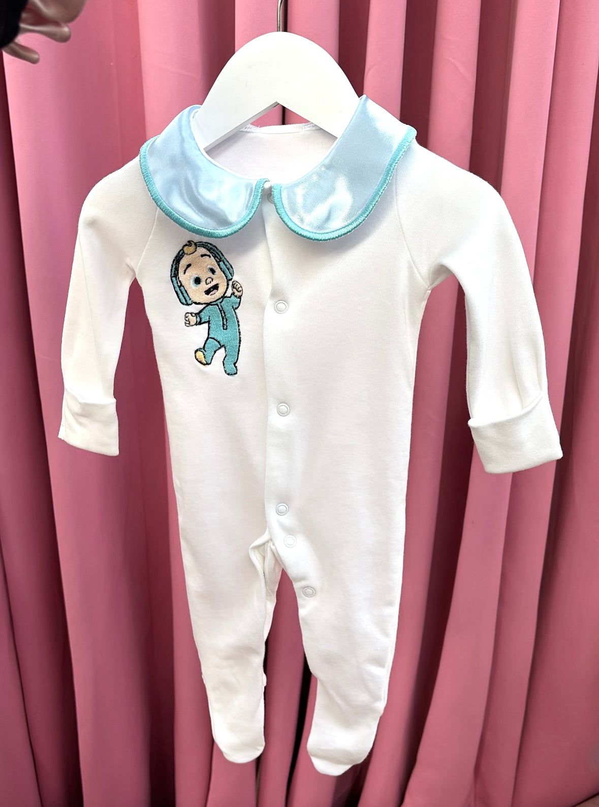 BLUE EMBROIDERED COLLARED BABY GROW (10-20 WORKING DAYS)