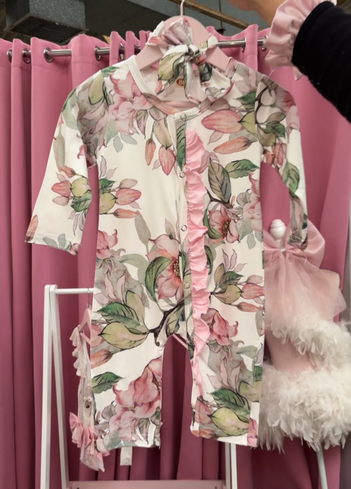 FLORAL FOOTLESS FRILL BABY GROW & HEADBAND 10 WORKING DAYS