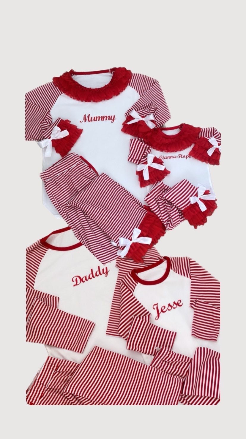 WOMENS/MENS RED STRIPED CHRISTMAS PERSONALISED PYJAMAS 2-4 WEEKS
