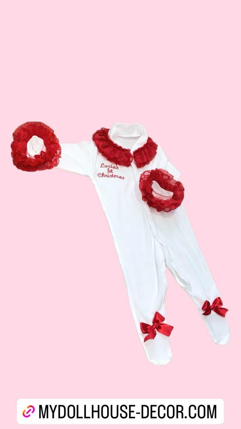 PERSONALISED RED FRILLY CHRISTMAS BABY GROW