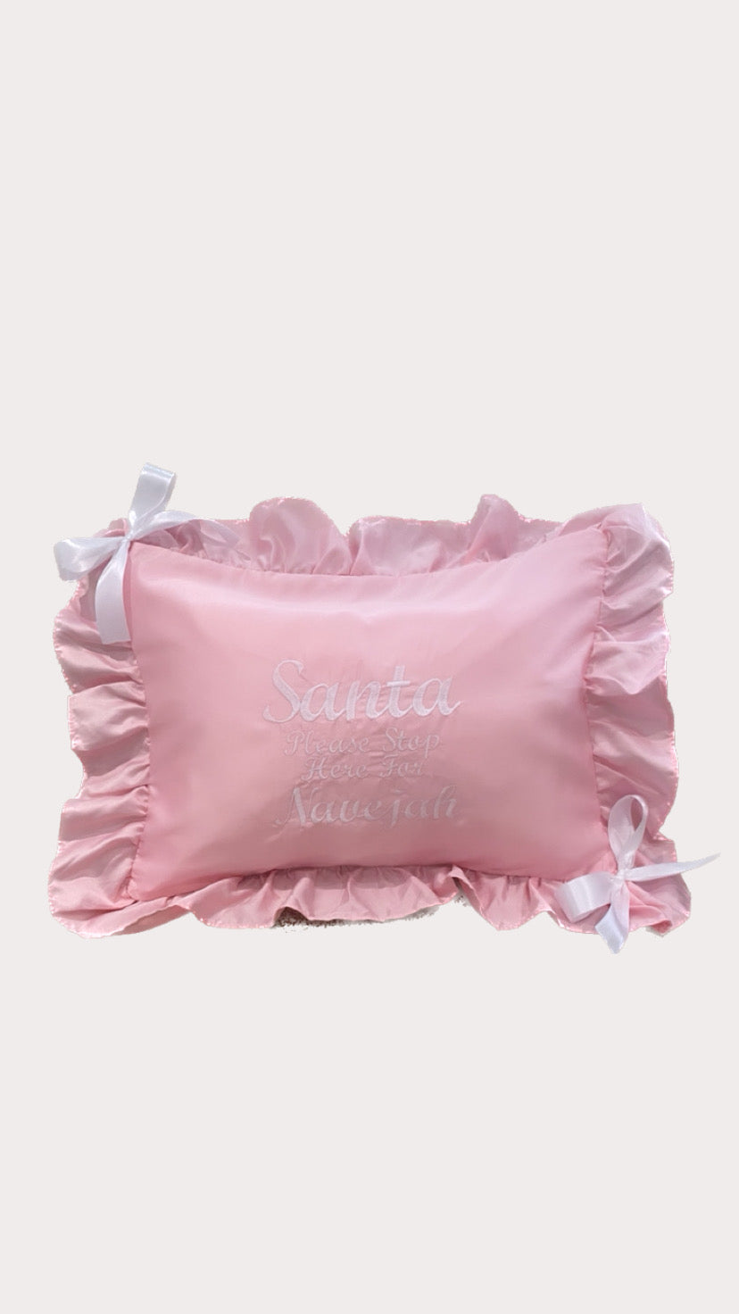 SANTA STOP HERE PERSONALISED SILK FRILLY CHRISTMAS CUSHION