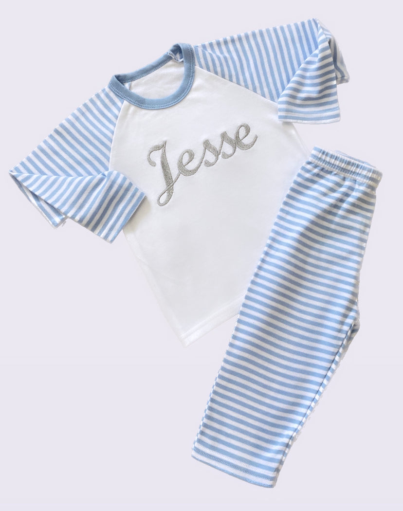 BLUE STRIPED CHRISTMAS PERSONALISED PYJAMAS – MYDOLLHOUSE
