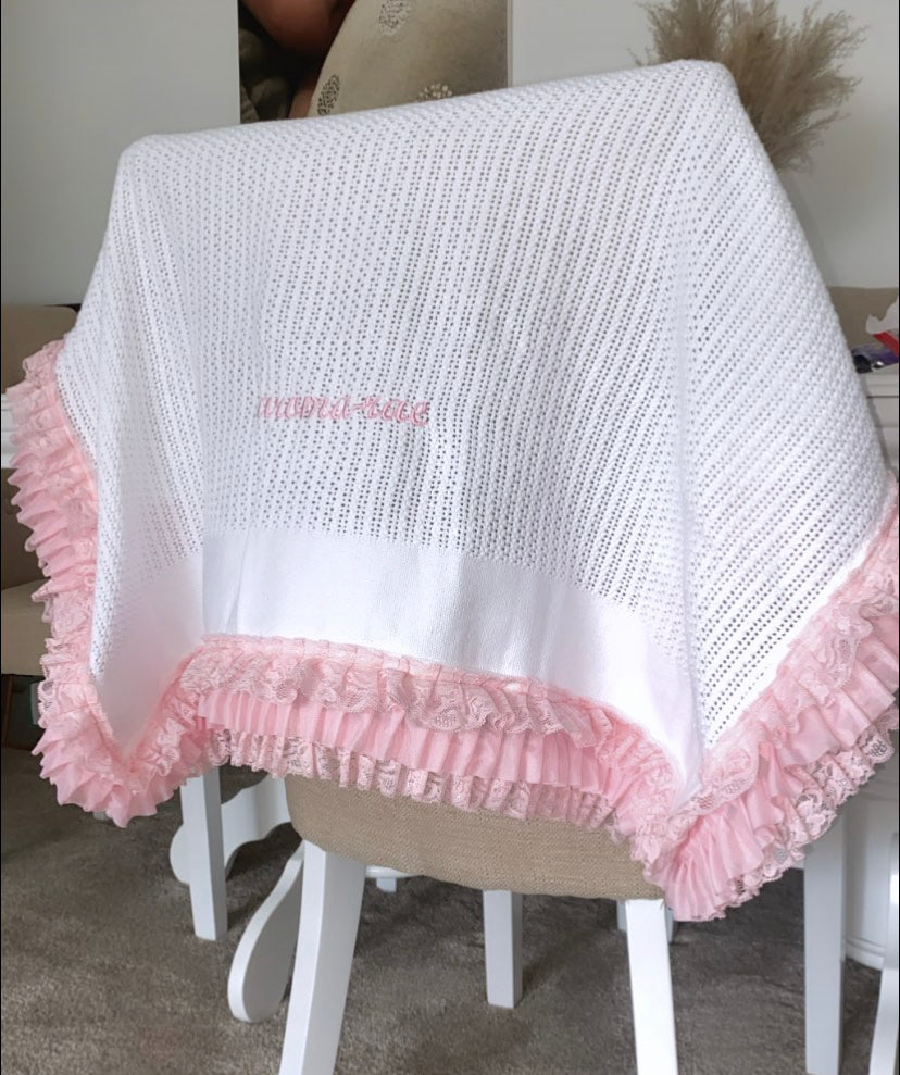 PERSONALISED PINK FRILLY CELLULAR BLANKET 2-4 WEEKS
