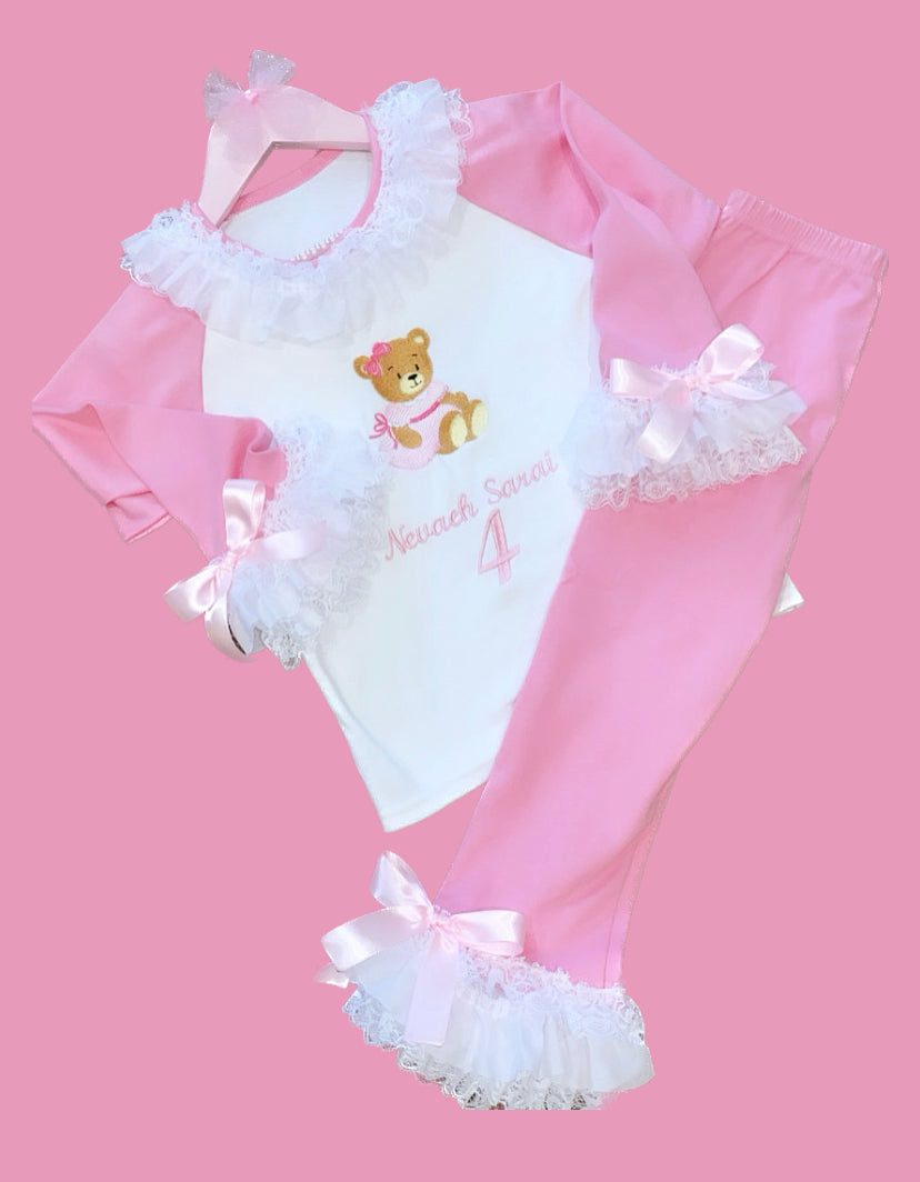 PINK TEDDY BEAR PERSONALISED PYJAMAS 2-4 WEEKS