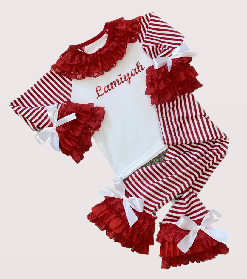 KIDS RED STRIPED CHRISTMAS PERSONALISED PYJAMAS 4-6 WEEKS