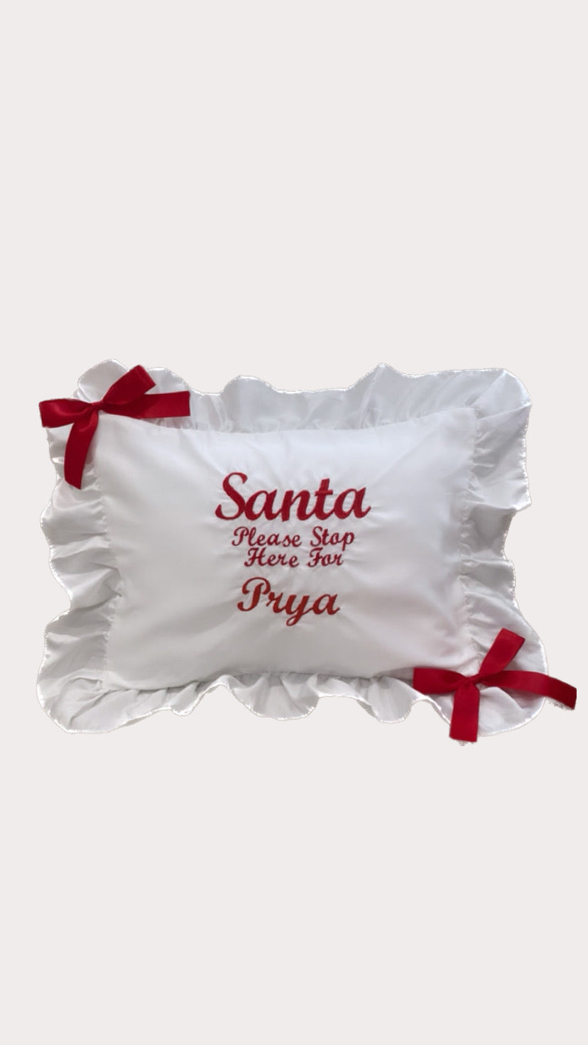 SANTA STOP HERE PERSONALISED SILK FRILLY CHRISTMAS CUSHION