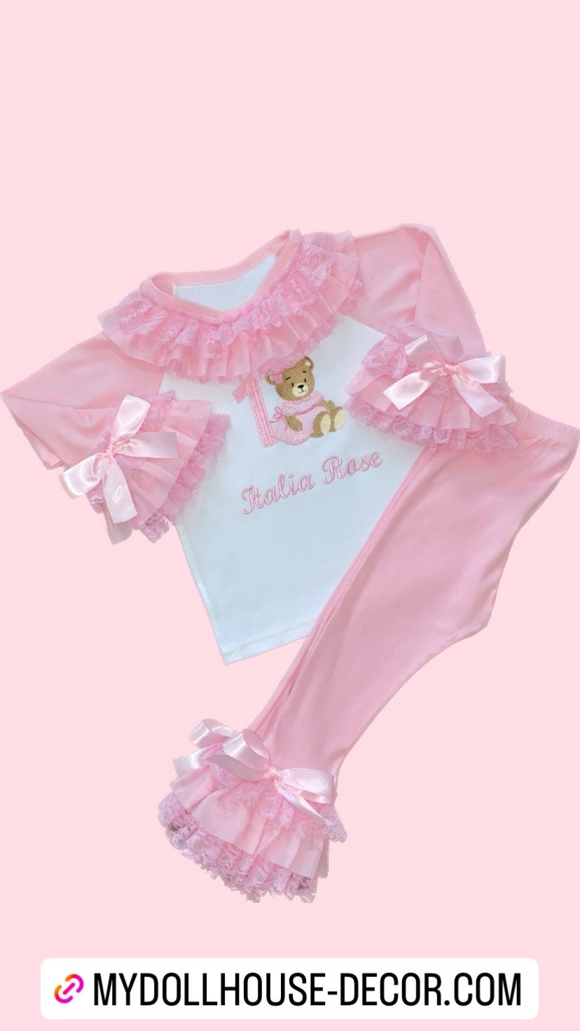 PINK TEDDY BEAR PERSONALISED PYJAMAS 2-4 WEEKS