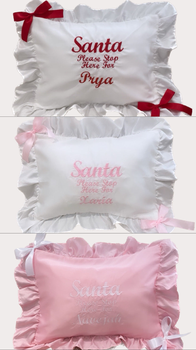 SANTA STOP HERE PERSONALISED SILK FRILLY CHRISTMAS CUSHION