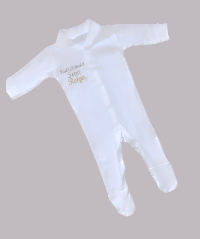 HELLO WORLD PERSONALISED BABY GROW 2-4 WEEKS