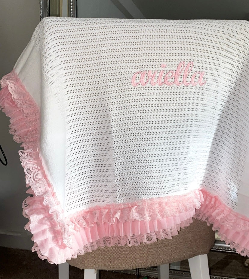 PERSONALISED PINK FRILLY CELLULAR BLANKET 2-4 WEEKS