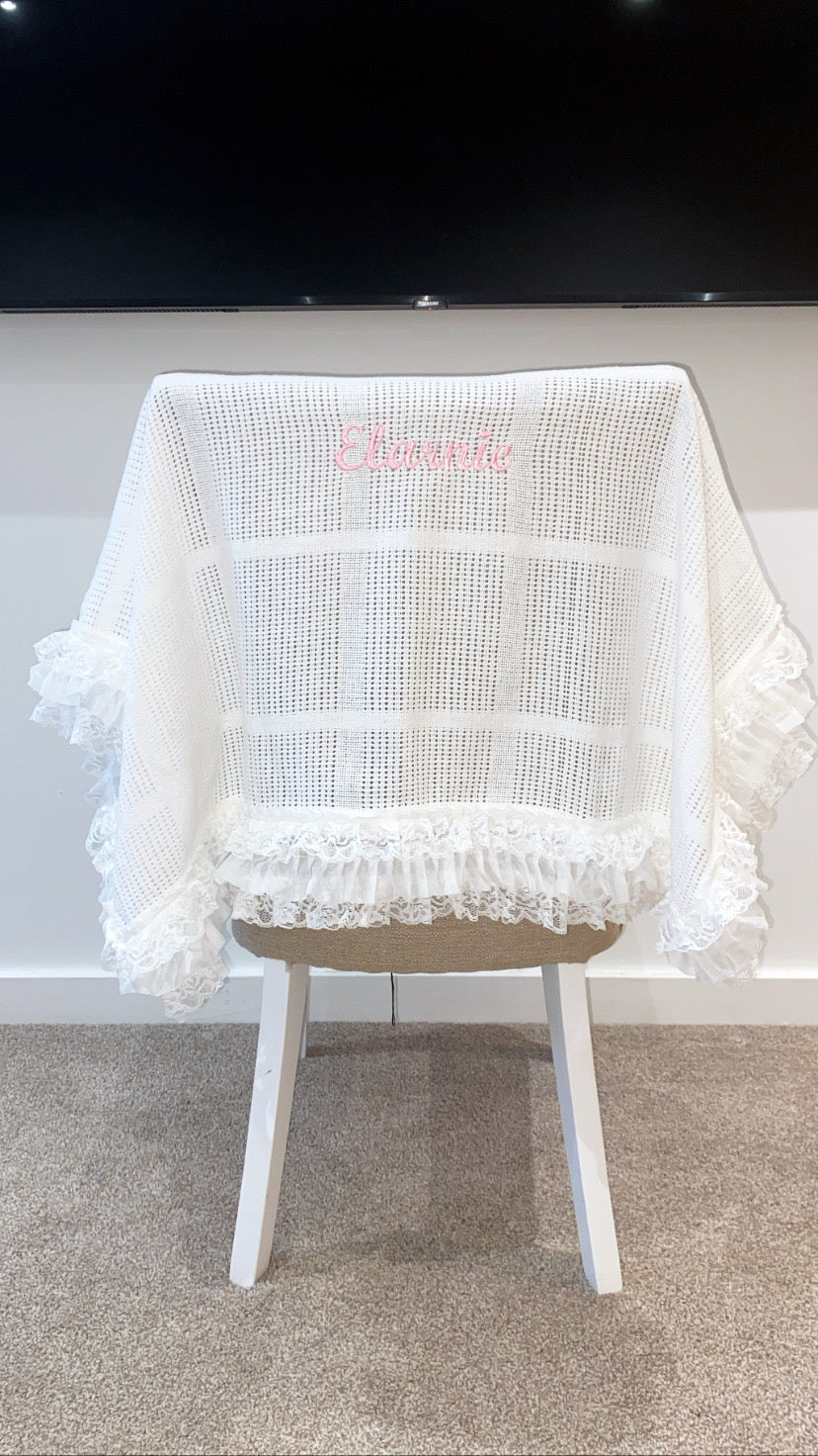 PERSONALISED WHITE FRILLY CELLULAR BLANKET 2-4 WEEKS