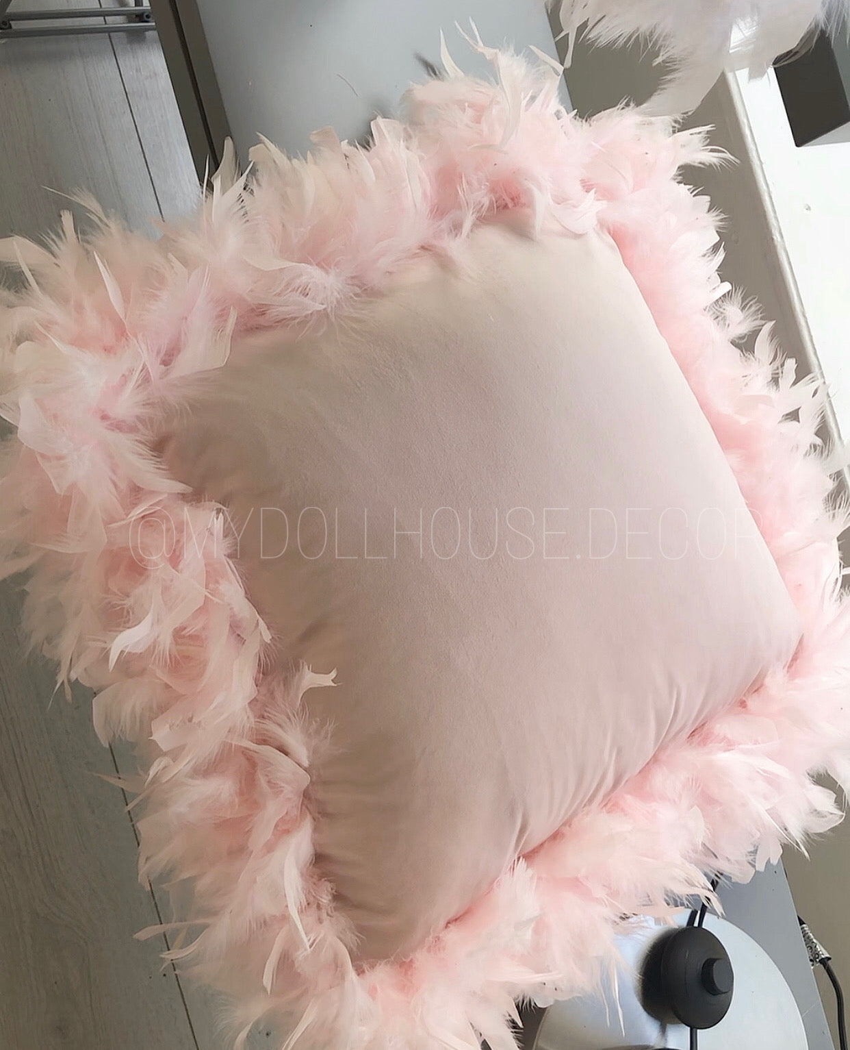 BABY POWDER PINK VELVET FEATHER TRIM CUSHION 2-6 WEEKS