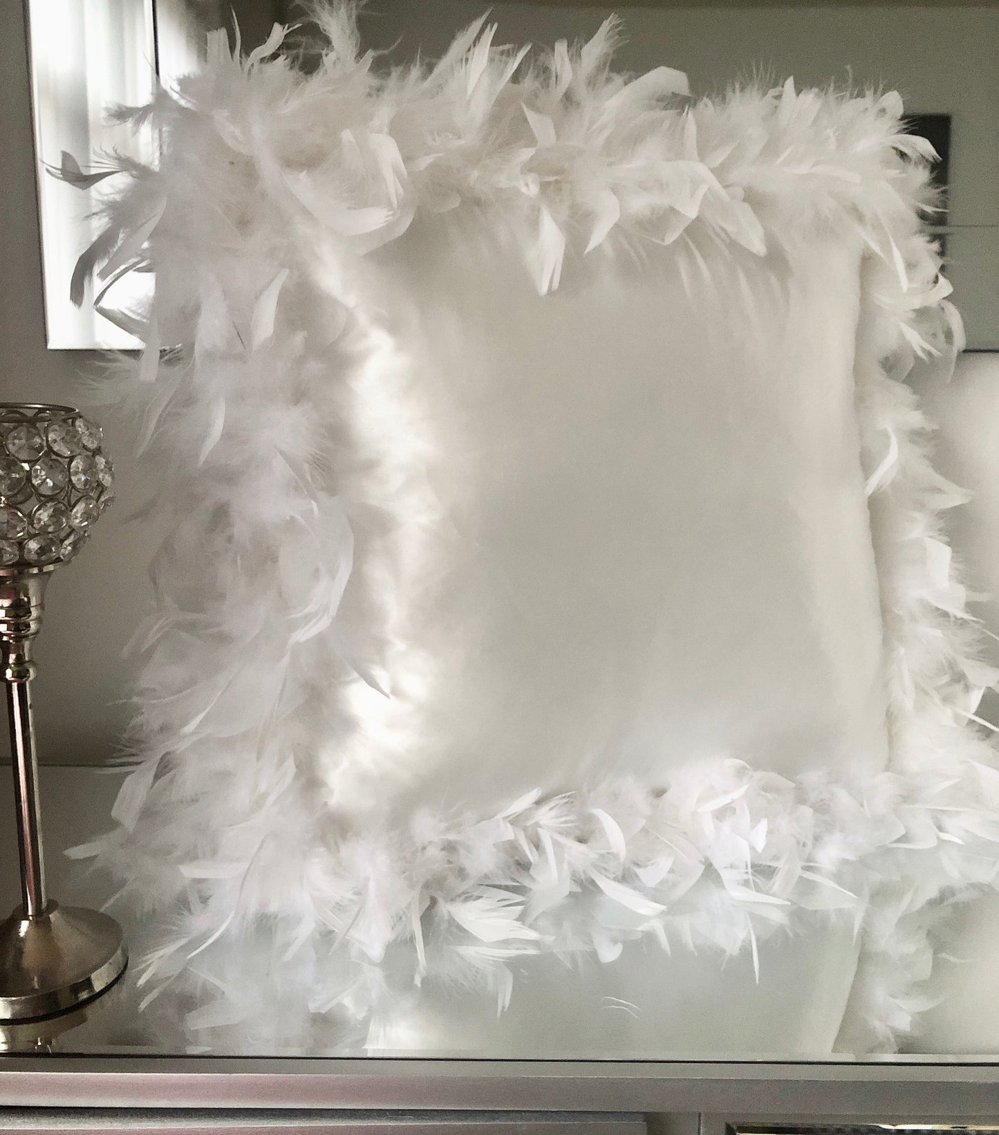 White Silk Feather Trim Cushion 2-4 WEEKS