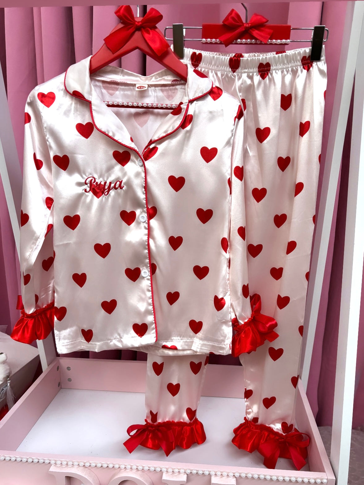 SATIN HEART BUTTON UP PERSONALISED PYJAMAS - DISPATCH BY 9/2/24
