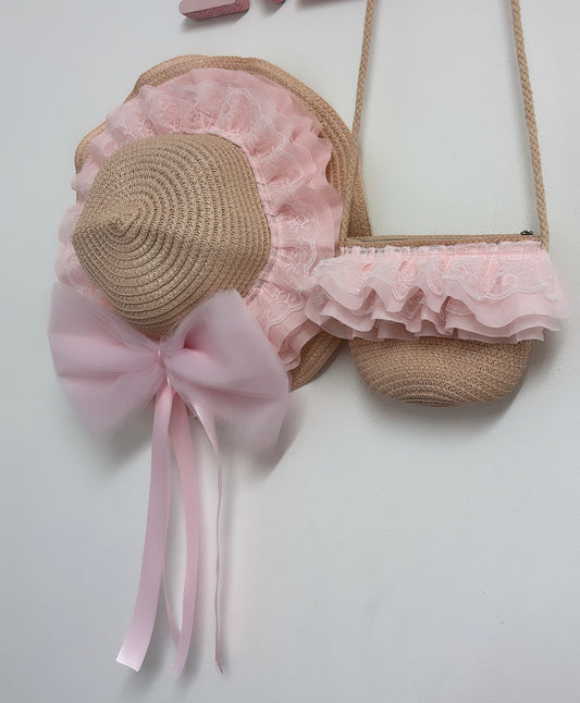 KIDS FRILLY STRAW SUN HAT AND PURSE 2-4 WEEKS