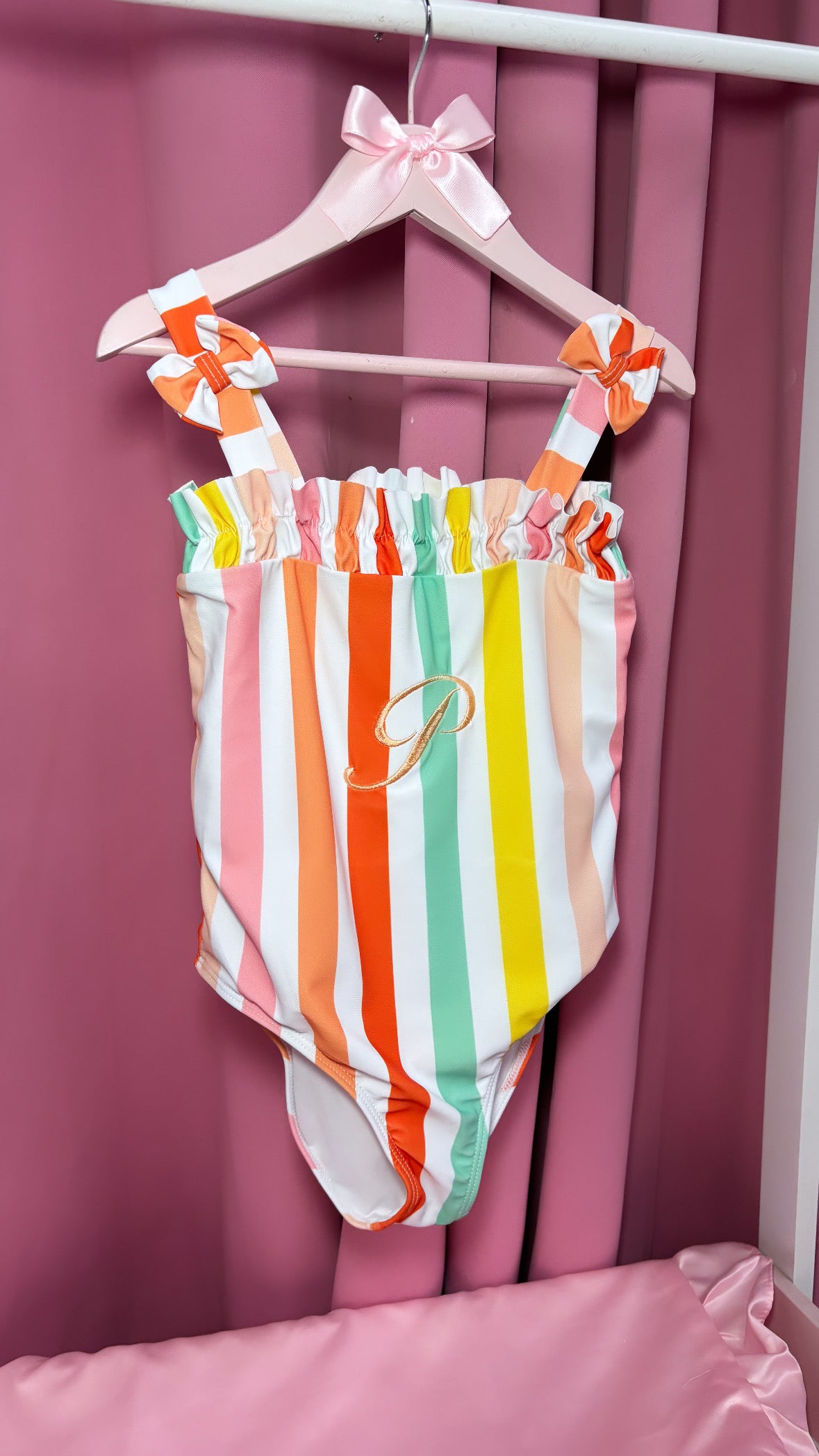 GIRLS PERSONALISED MULTI COLOUR STRIPED SWIM SUIT 2-4 WEEKS