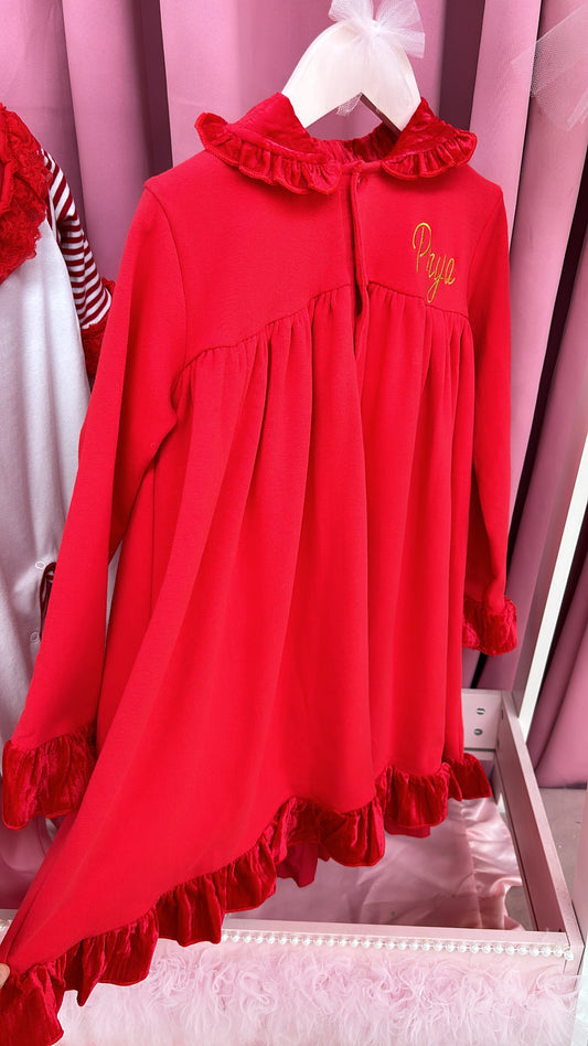 RED COTTON & VELVET TRIM PERSONALISED CHRISTMAS NIGHT DRESS (READY TO PERSONALISE IMMEDIATE DISPATCH)