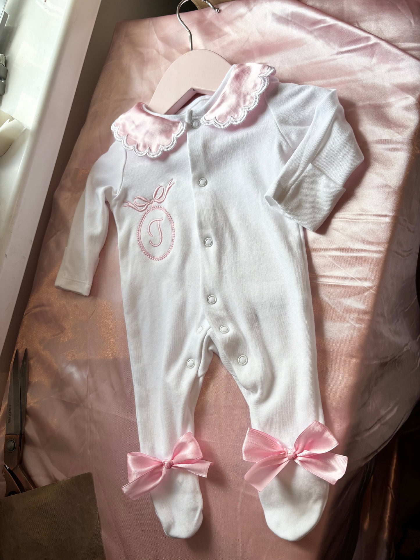 SATIN COLLARED INITIAL EMBROIDERED BABY GROW (10-20 WORKING DAYS)