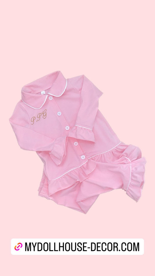 PINK FRILLY BUTTON UP PERSONALISED PYJAMAS READY TO PERSONALISE 1-2 WEEKS