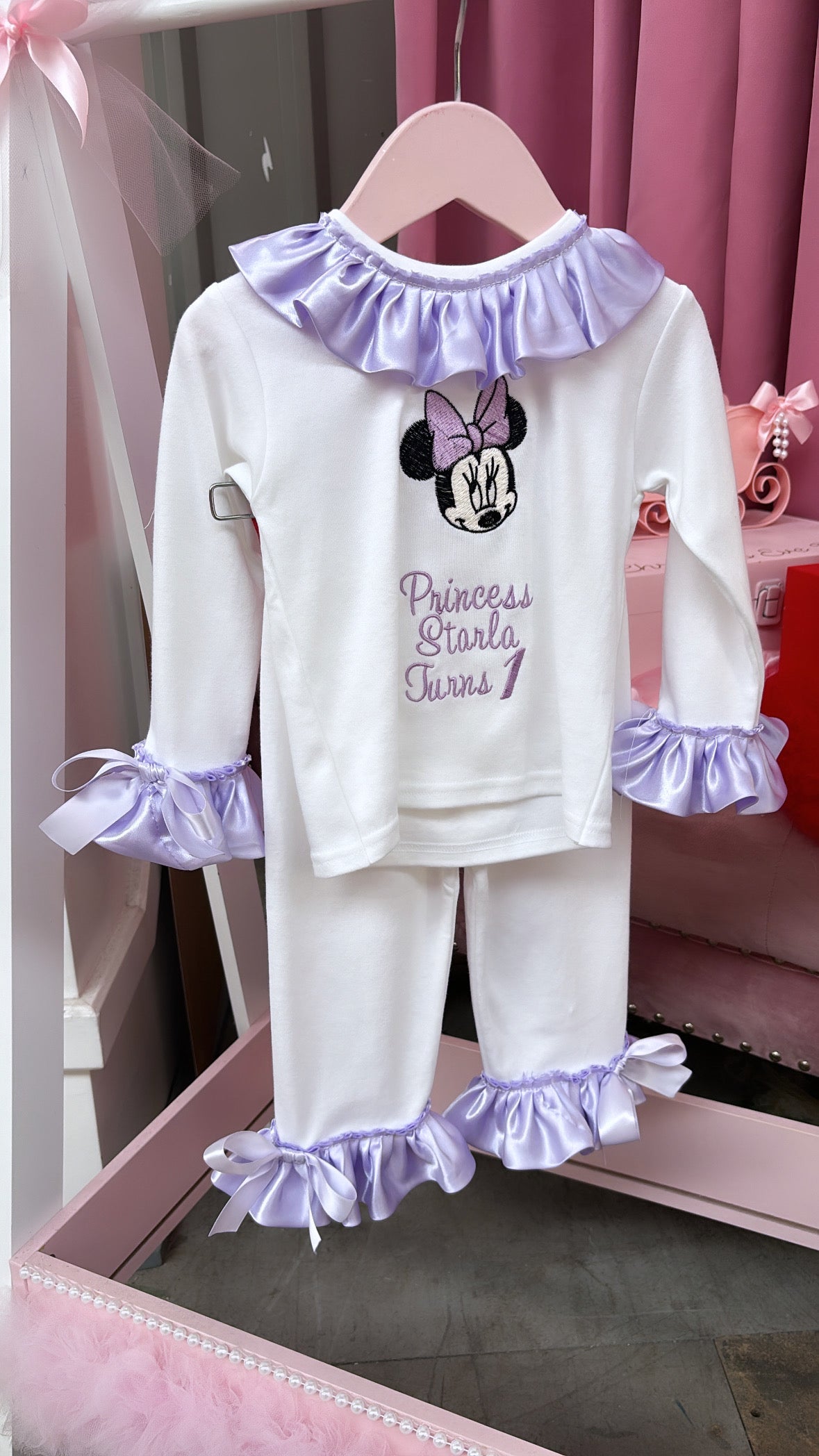 WHITE & LILAC MINNIE PERSONALISED PYJAMAS 2-4 WEEKS