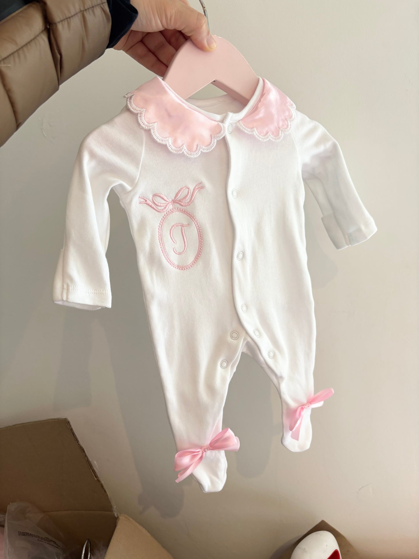 SATIN COLLARED INITIAL EMBROIDERED BABY GROW (10-20 WORKING DAYS)