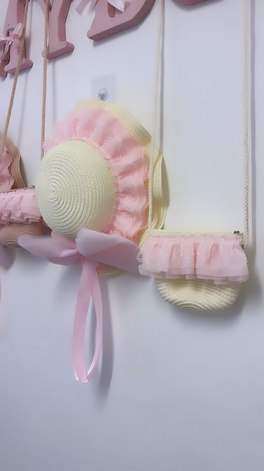KIDS WHITE & LIGHT PINK FRILLY STRAW SUN HAT AND PURSE READY TO DISPATCH