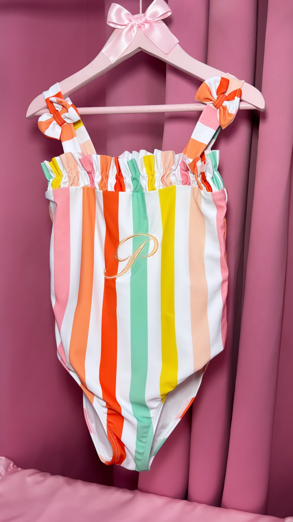 GIRLS PERSONALISED MULTI COLOUR STRIPED SWIM SUIT 2-4 WEEKS