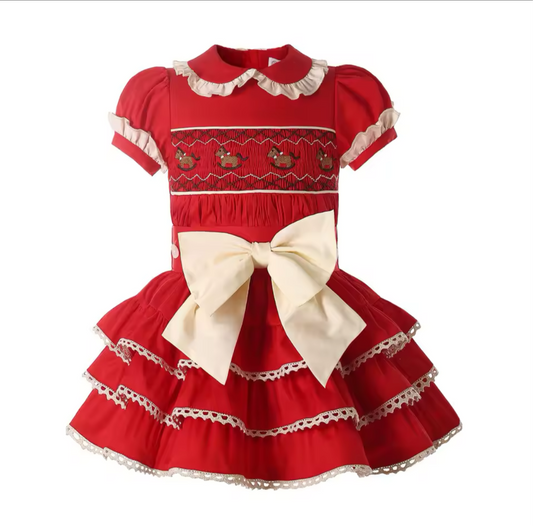 RED SMOCKED ROCKING HORSE CHRISTMAS SKIRT 2 PIECE 2-4 WEEKS