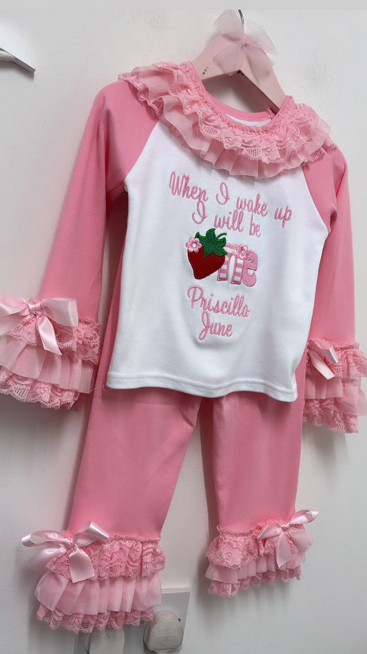 PINK & RED STRAWBERRY ONE PERSONALISED PYJAMAS 1-4 WEEKS