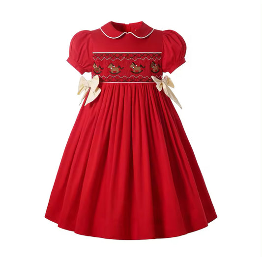 RED SMOCKED ROCKING HORSE CHRISTMAS DRESS 2-4 WEEKS