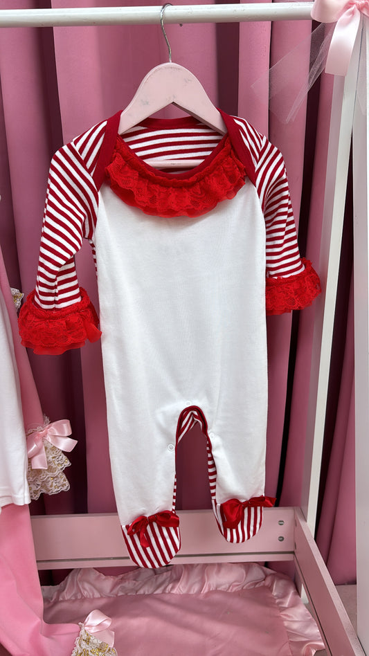 PERSONALISED RED STRIPED CHRISTMAS BABY GROW (DISPATCHED BY DECEMBER 13TH)