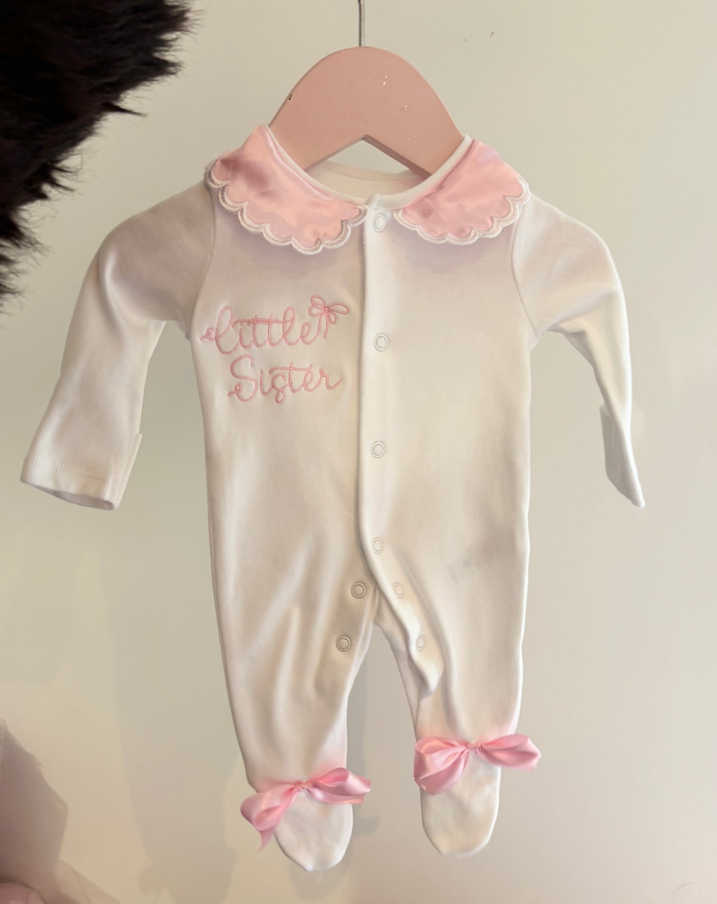 LITTLE SISTER/BROTHER SATIN COLLARED EMBROIDERED BABY GROW (10-20 WORKING DAYS)