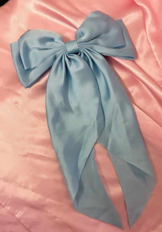 BLUE PERSONALISED SILK LONG TAIL HAIR BOW READY TO SHIP