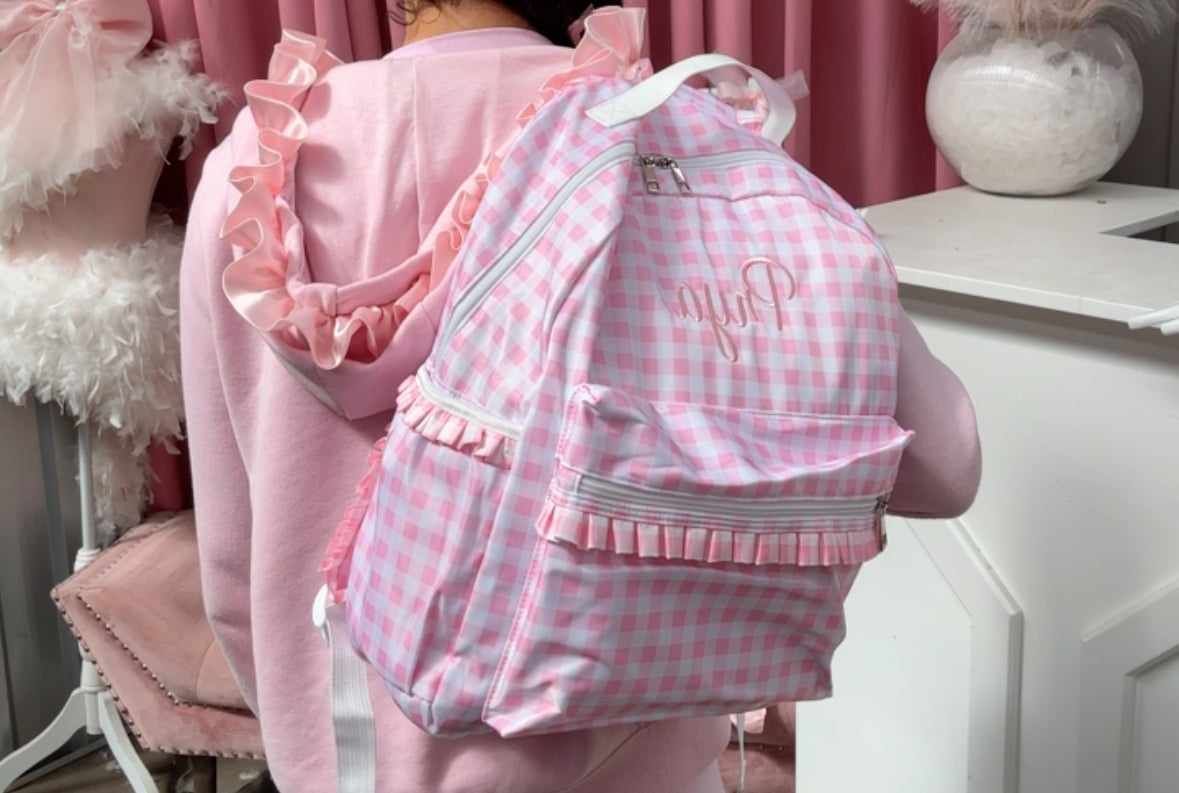 PINK GINGHAM FRILL PERSONALISED BACK PACK 2-6 WEEKS